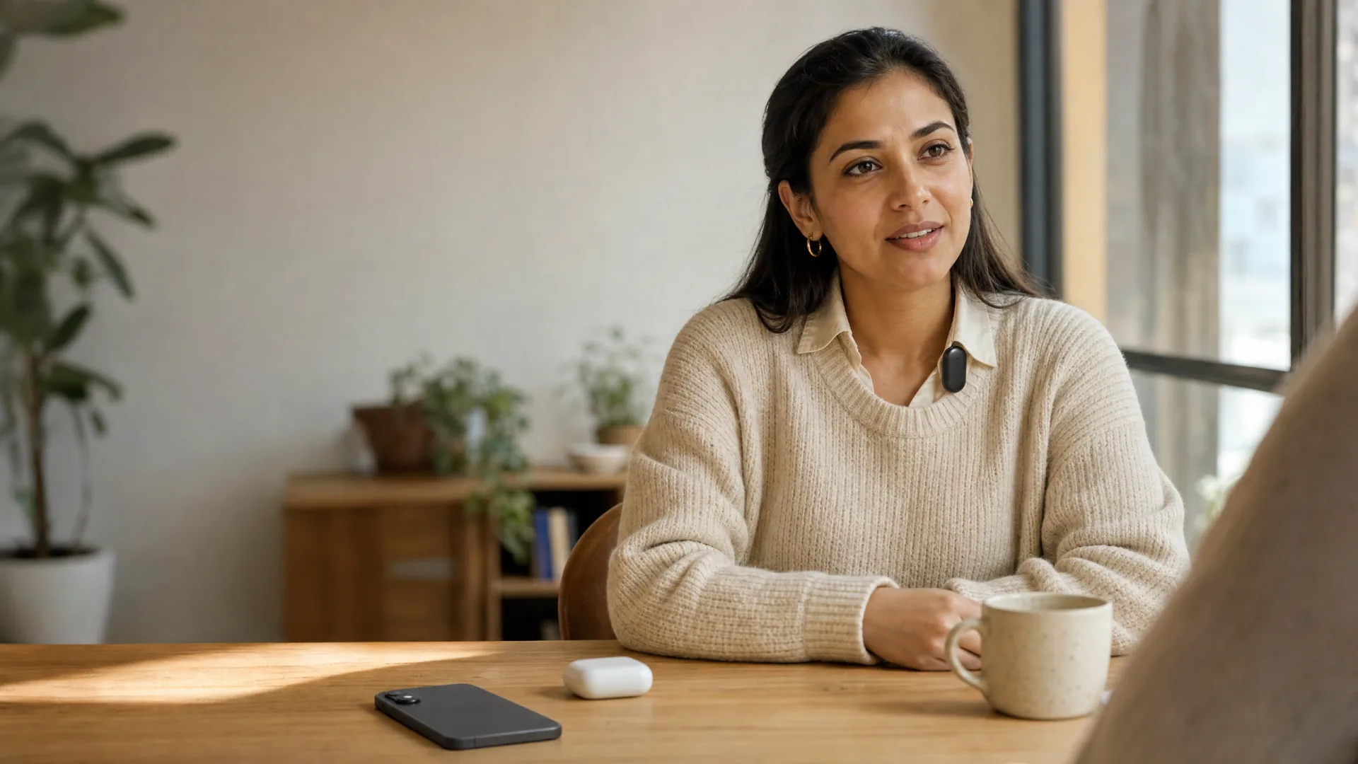 A woman at a café table wears Meetly Capsule on her collar; her phone and earbuds case lie on the table.