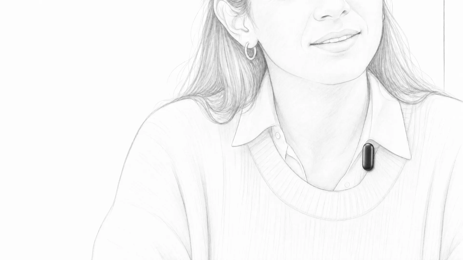 Pencil sketch, close up: Meetly Capsule clipped below her collar.
