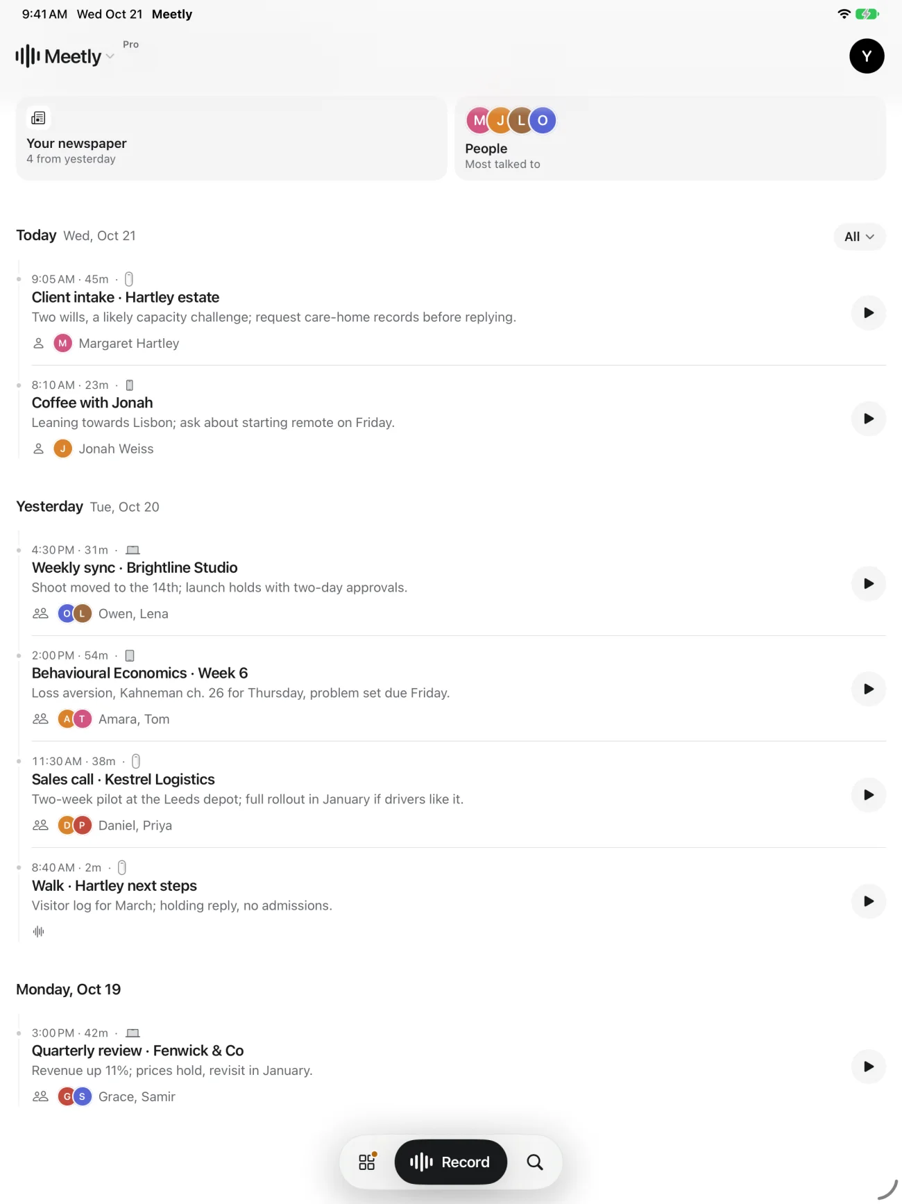 Meetly Home on iPad: recordings from Capsule, iPhone, Mac and iPad together.