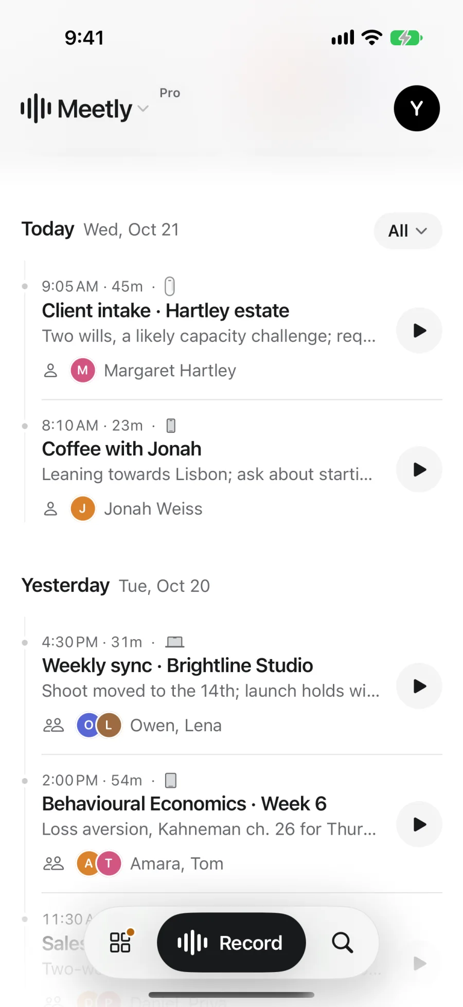 Meetly Home on iPhone: a Capsule client intake, an iPhone coffee chat, a Mac weekly sync and an iPad lecture in one feed.
