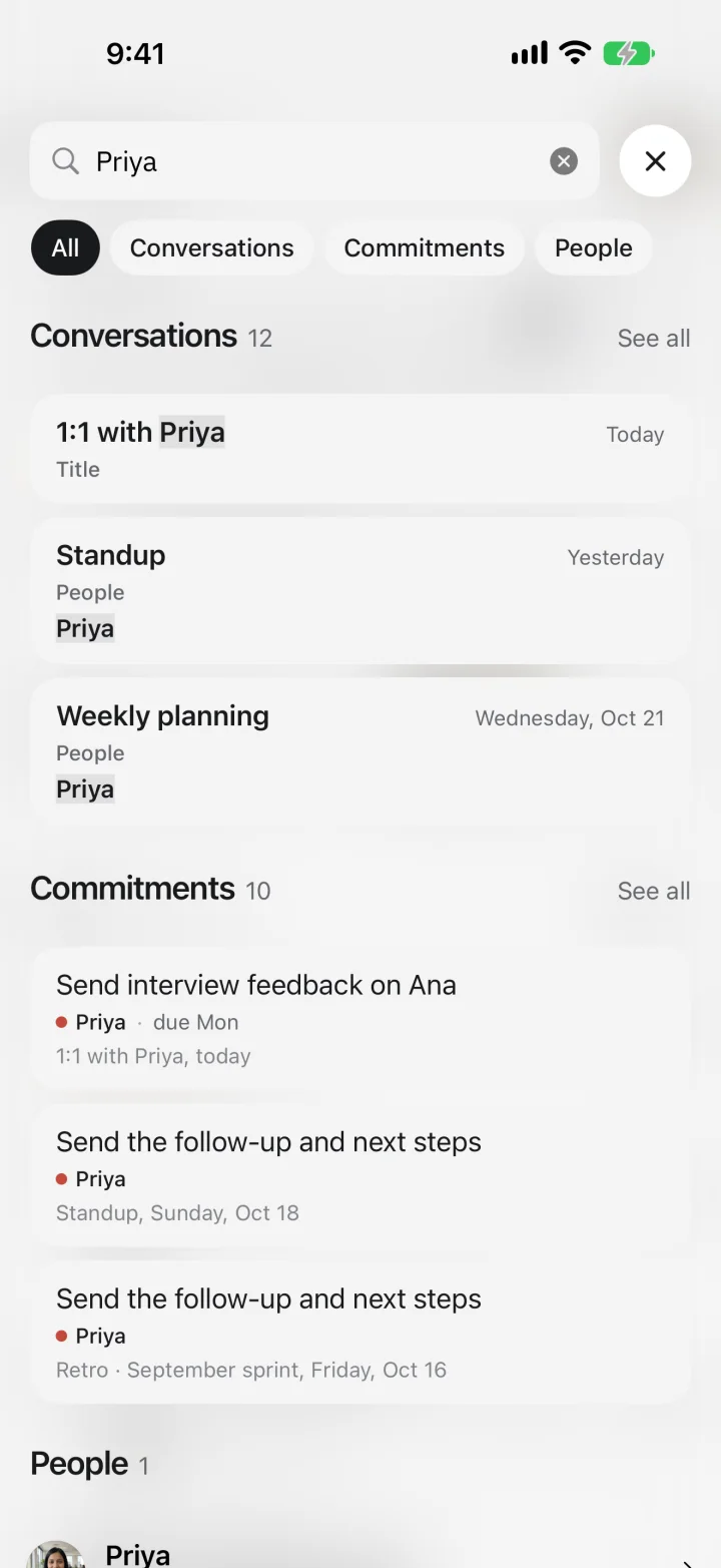 Meetly search for “Priya”: matching conversations, commitments and people, with the match highlighted.
