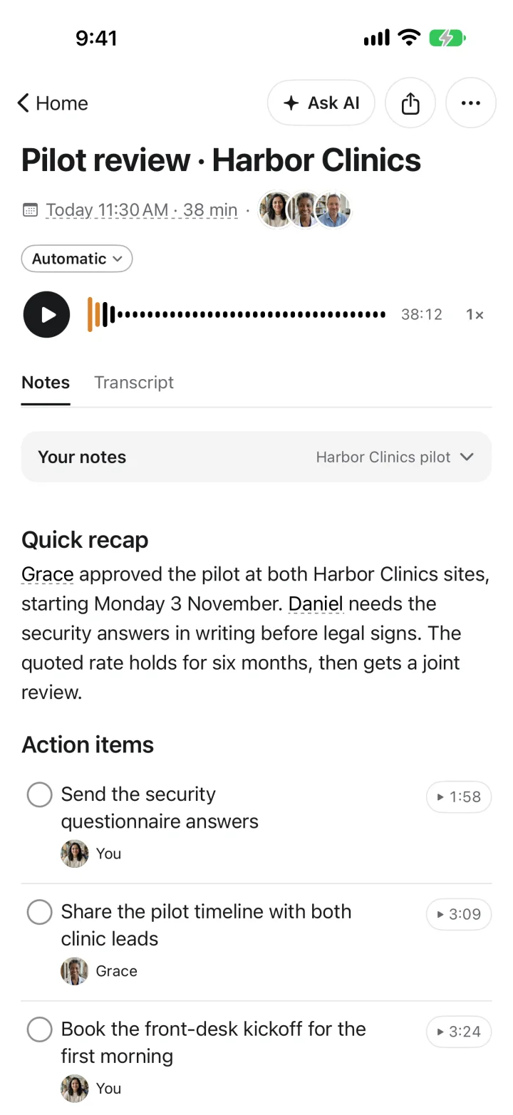 Meetly summary of a pilot review: a quick recap and action items, each with the person responsible and a timestamp.