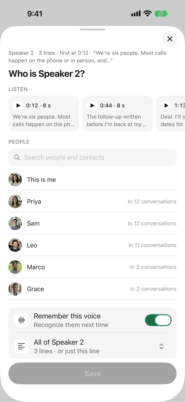 Meetly asks “Who is Speaker 2?”, suggests people from your contacts, and offers to remember this voice.