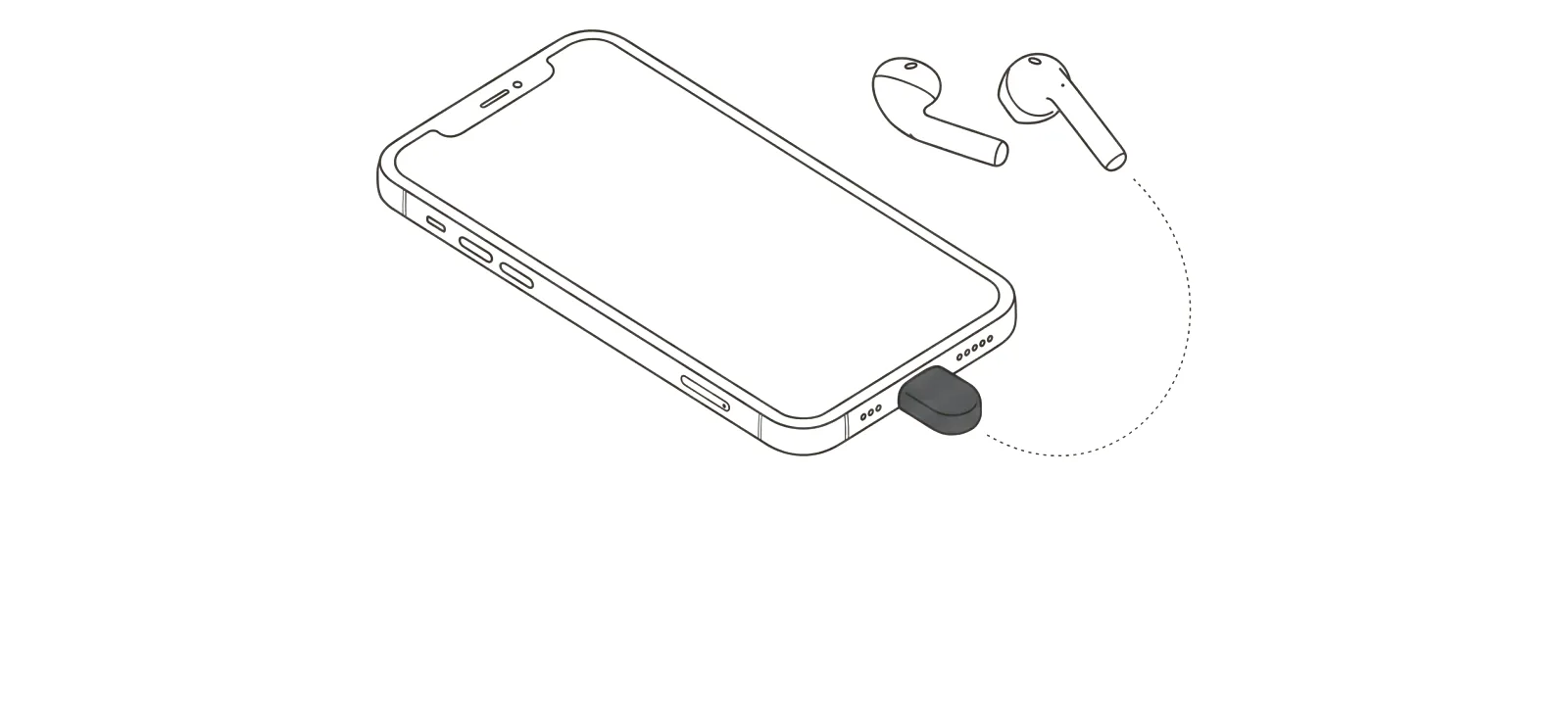 Line drawing: an iPhone with the tiny call dongle in its USB-C port and earbuds beside it.