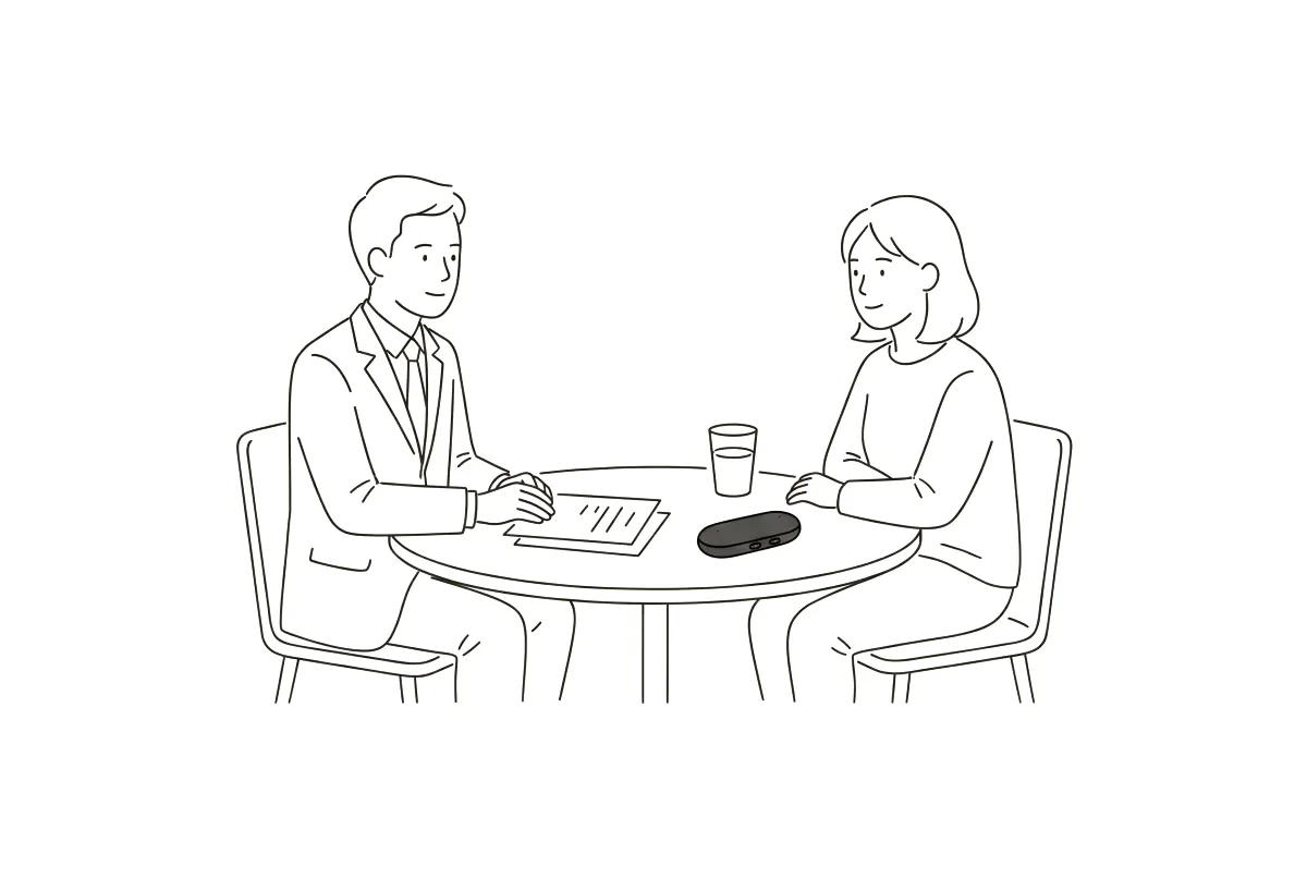 Line drawing: a lawyer and a client at a table with Capsule between them.
