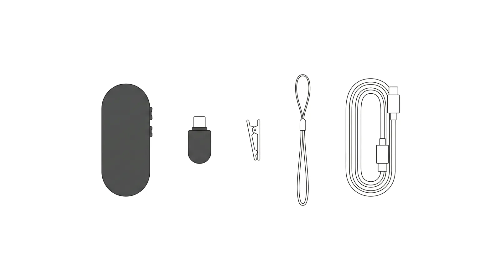 Line drawing of the kit: Capsule, the call dongle, a clip, a lanyard and a USB-C cable.