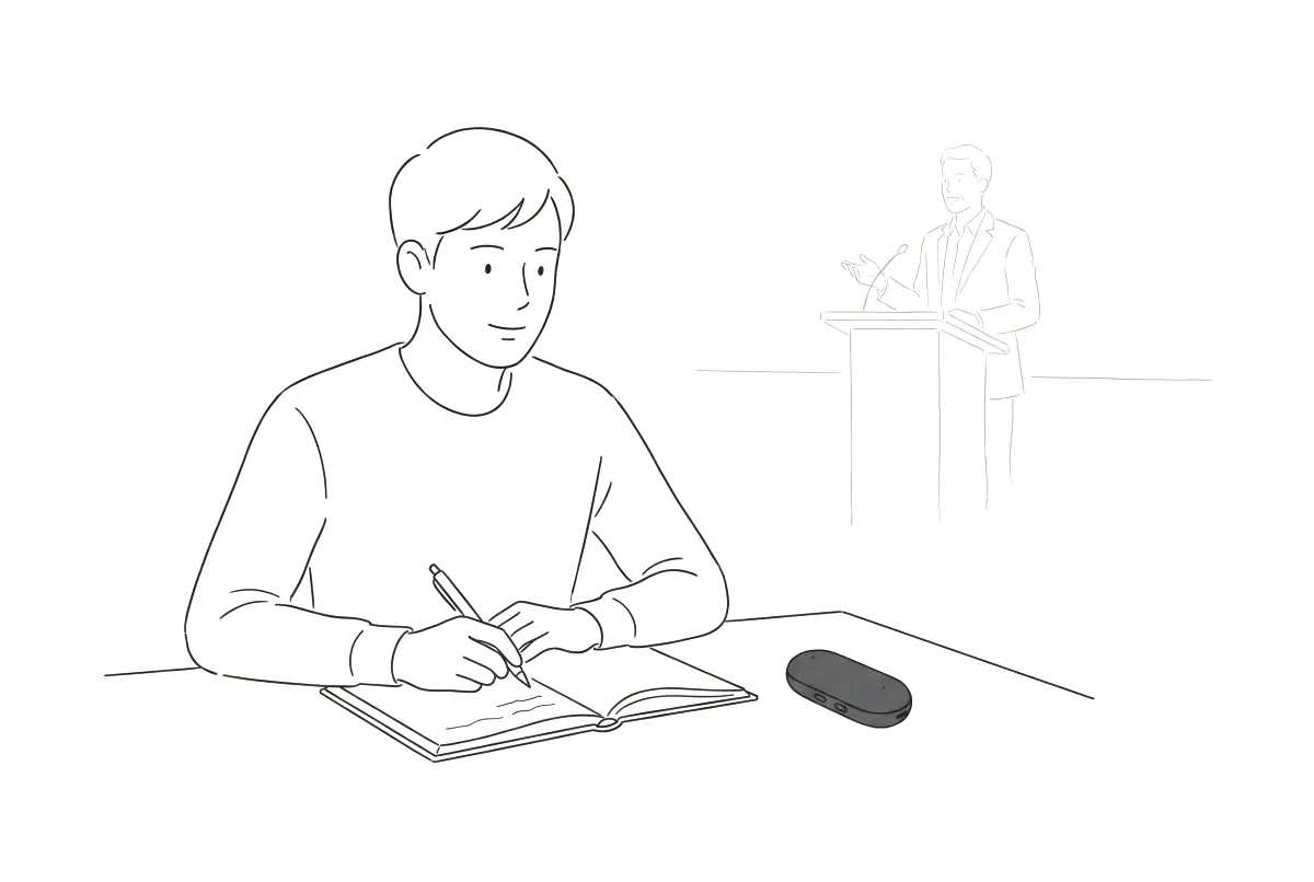 Line drawing: a student in a lecture with Capsule beside the notebook.