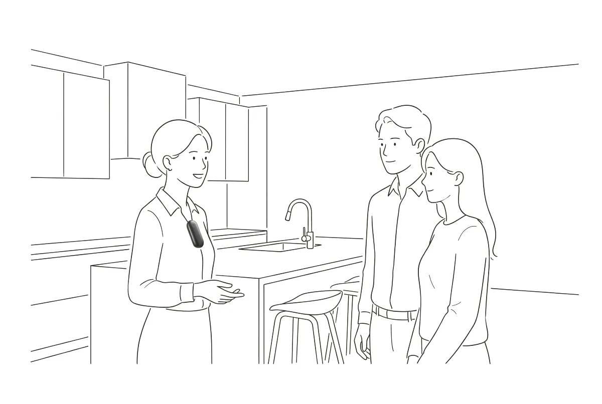 Line drawing: a real-estate agent at a showing wearing Capsule.