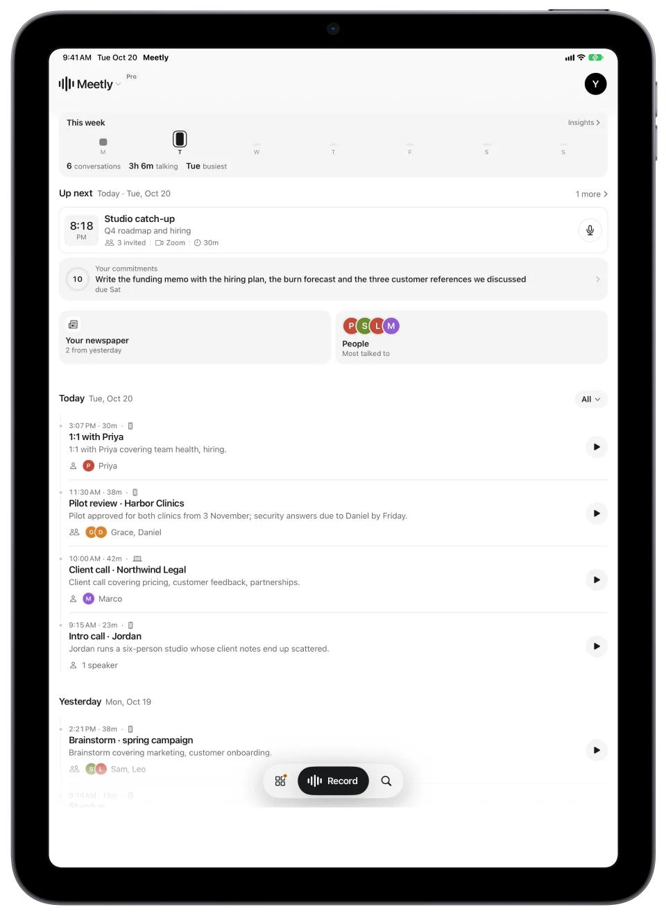 Meetly on iPad: today’s conversations, with the people in each.
