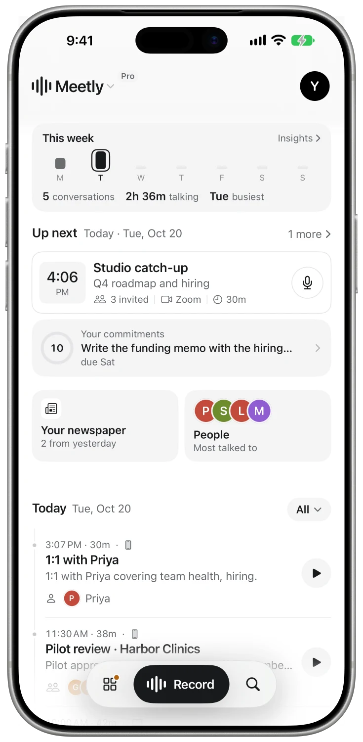 Meetly on iPhone: home, with the Record button.