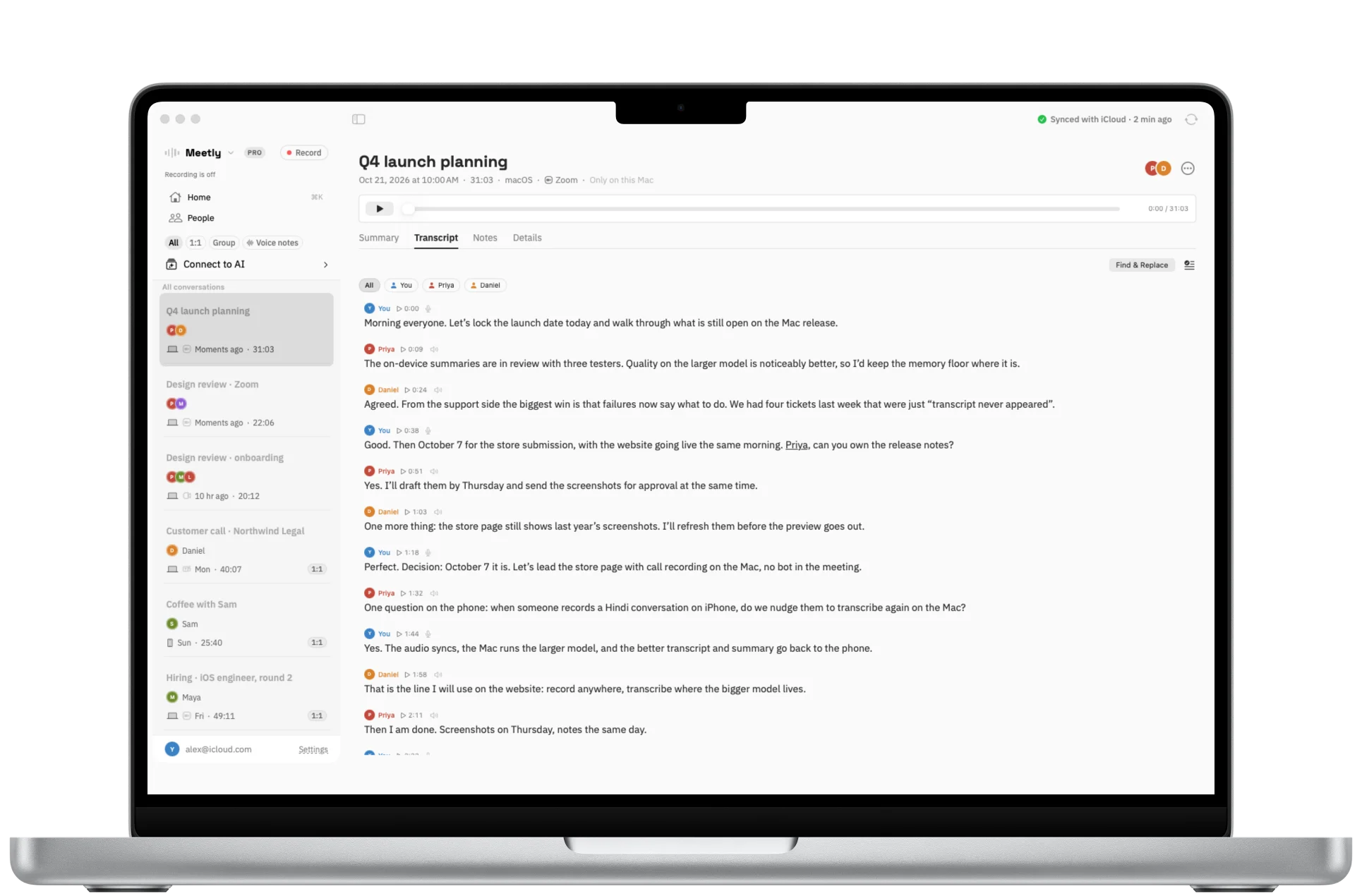 Meetly on a MacBook: the Q4 launch planning transcript, every line labelled with who said it.
