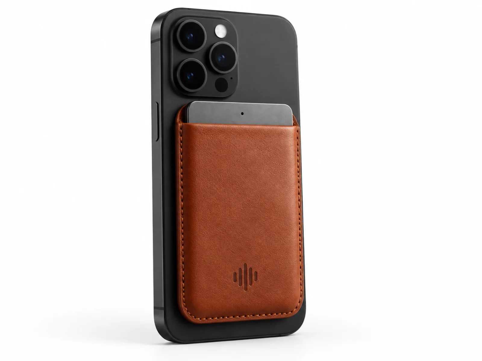Meetly Card in a cognac leather MagSafe sleeve on the back of an iPhone.