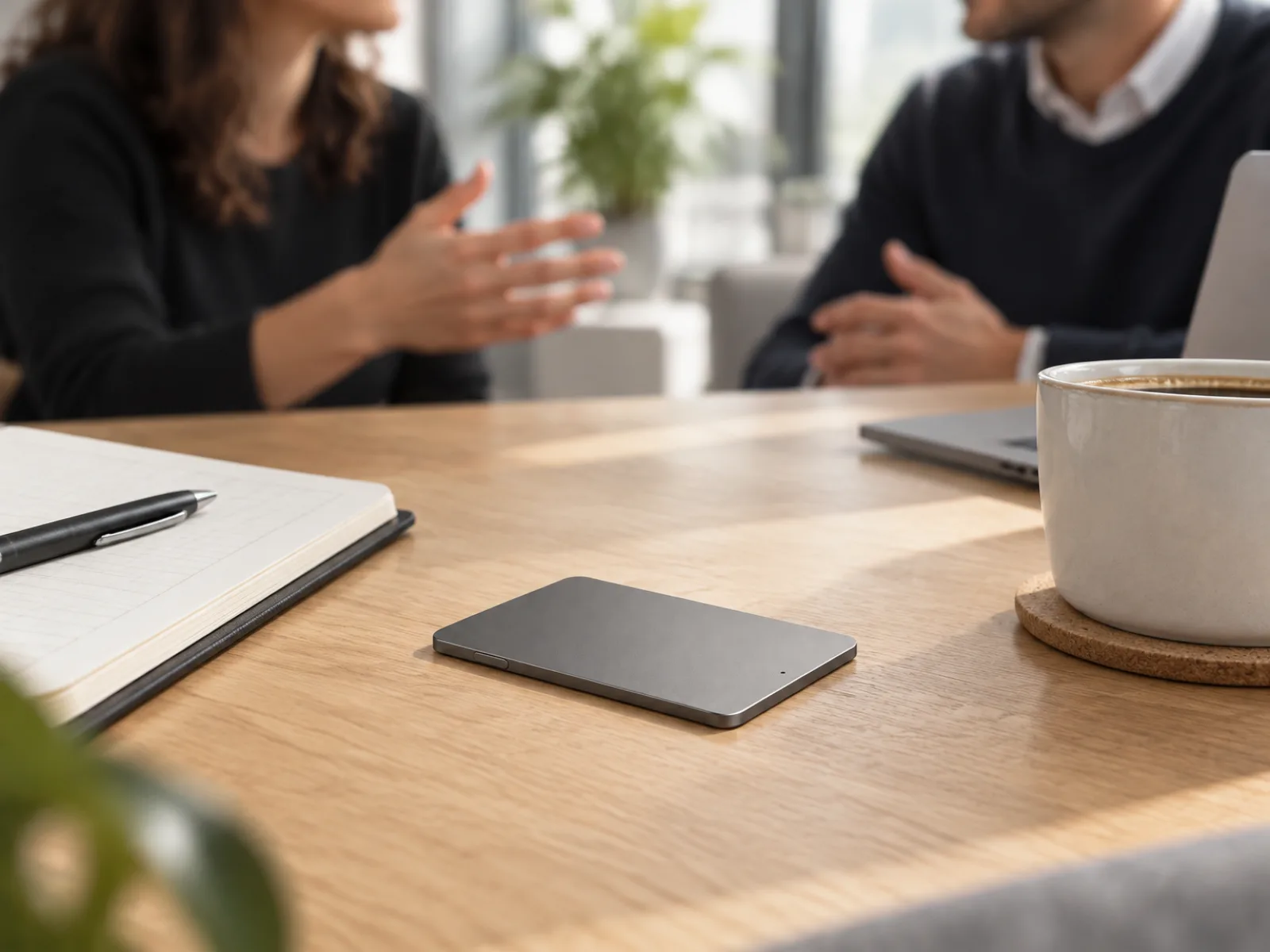 Meetly Card on a meeting table between a notebook and a coffee, two colleagues talking behind it.