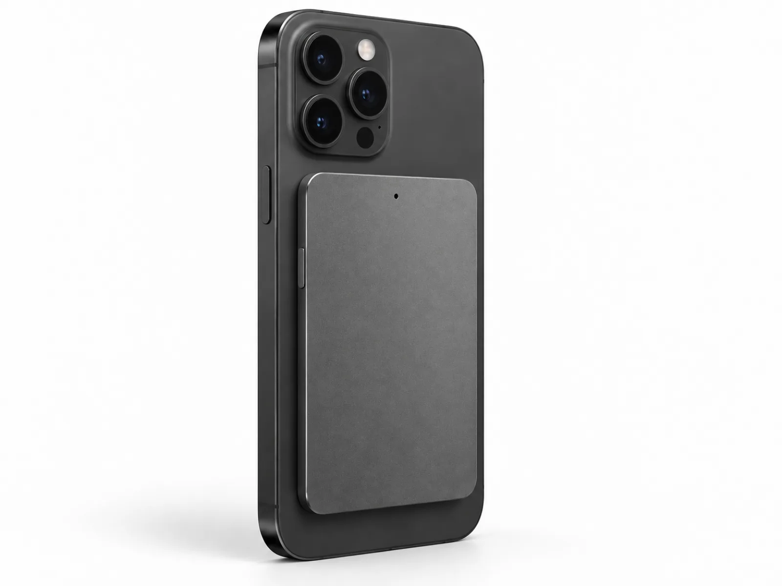 Meetly Card, a thin matte graphite card, on the back of an iPhone.