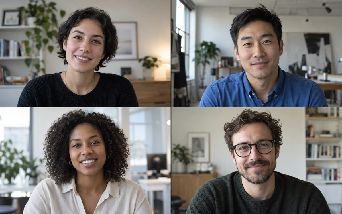 Illustrative video call with four fictional participants.