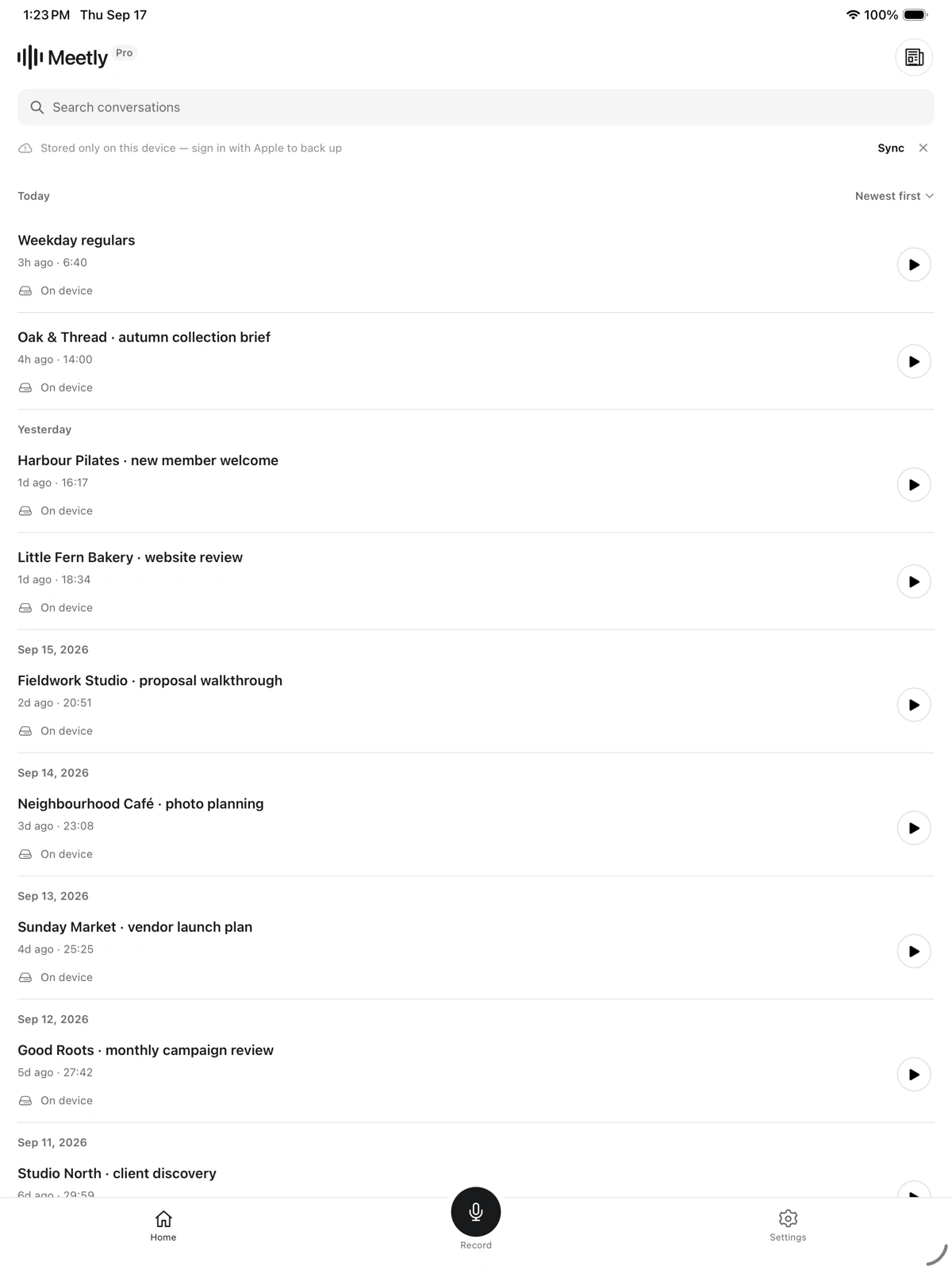 Meetly conversation library on iPad.