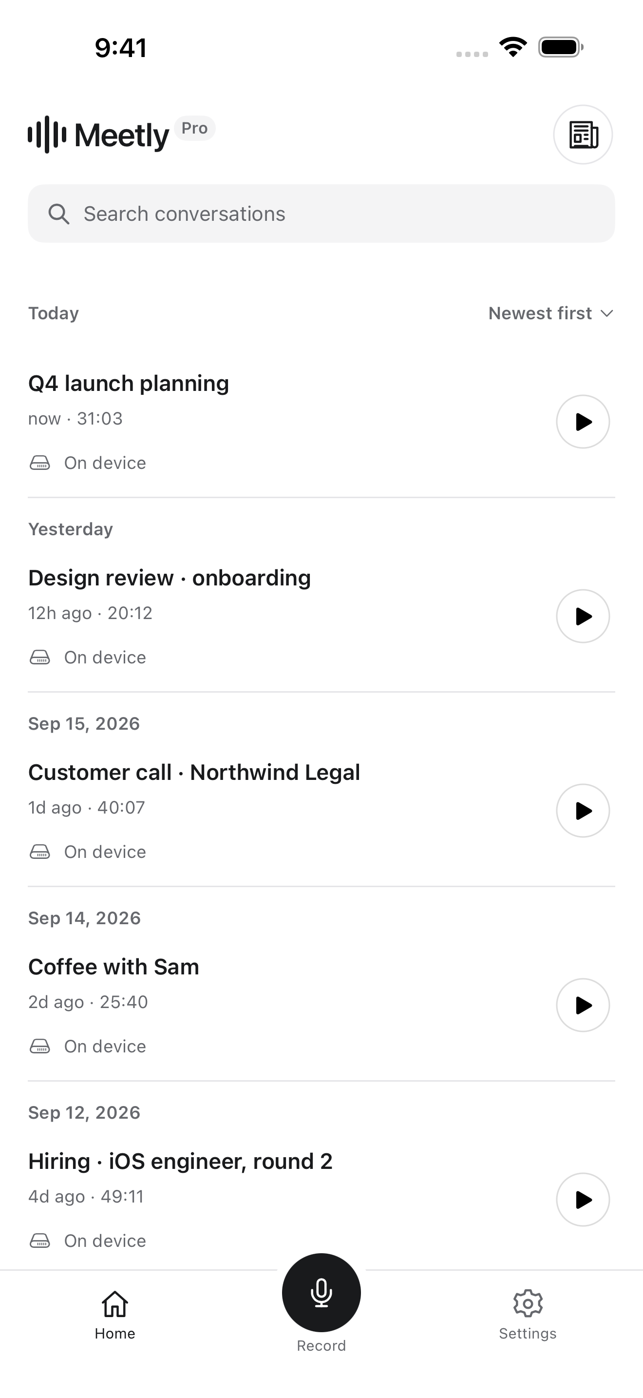 Meetly on iPhone, with conversation recordings ready to revisit.