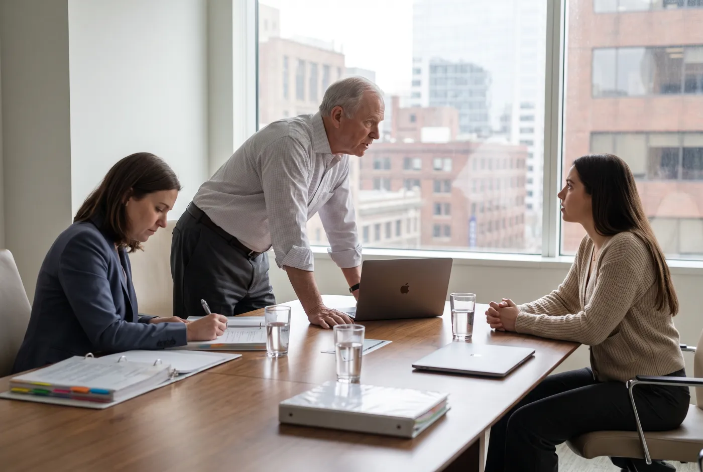 A partner, an associate and a witness preparing around a conference table with a MacBook