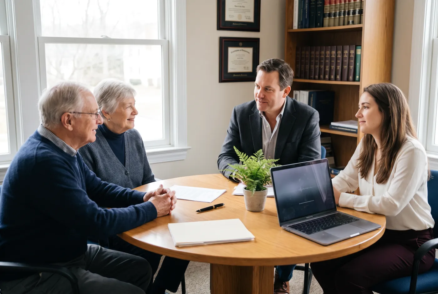 An estate-planning attorney with an older couple, a MacBook recording at the side of the table