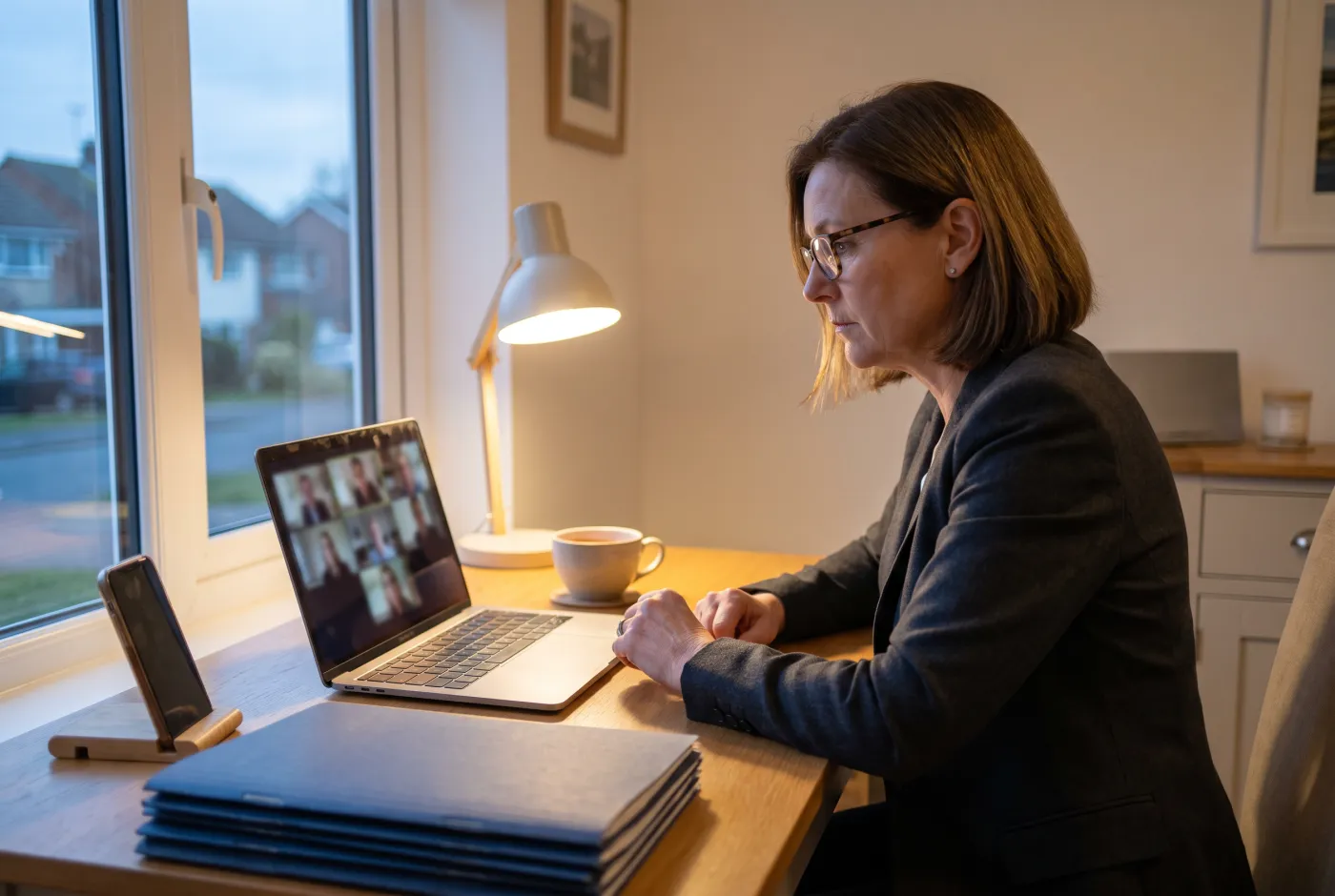An attorney at her desk on a video call, a MacBook open beside her