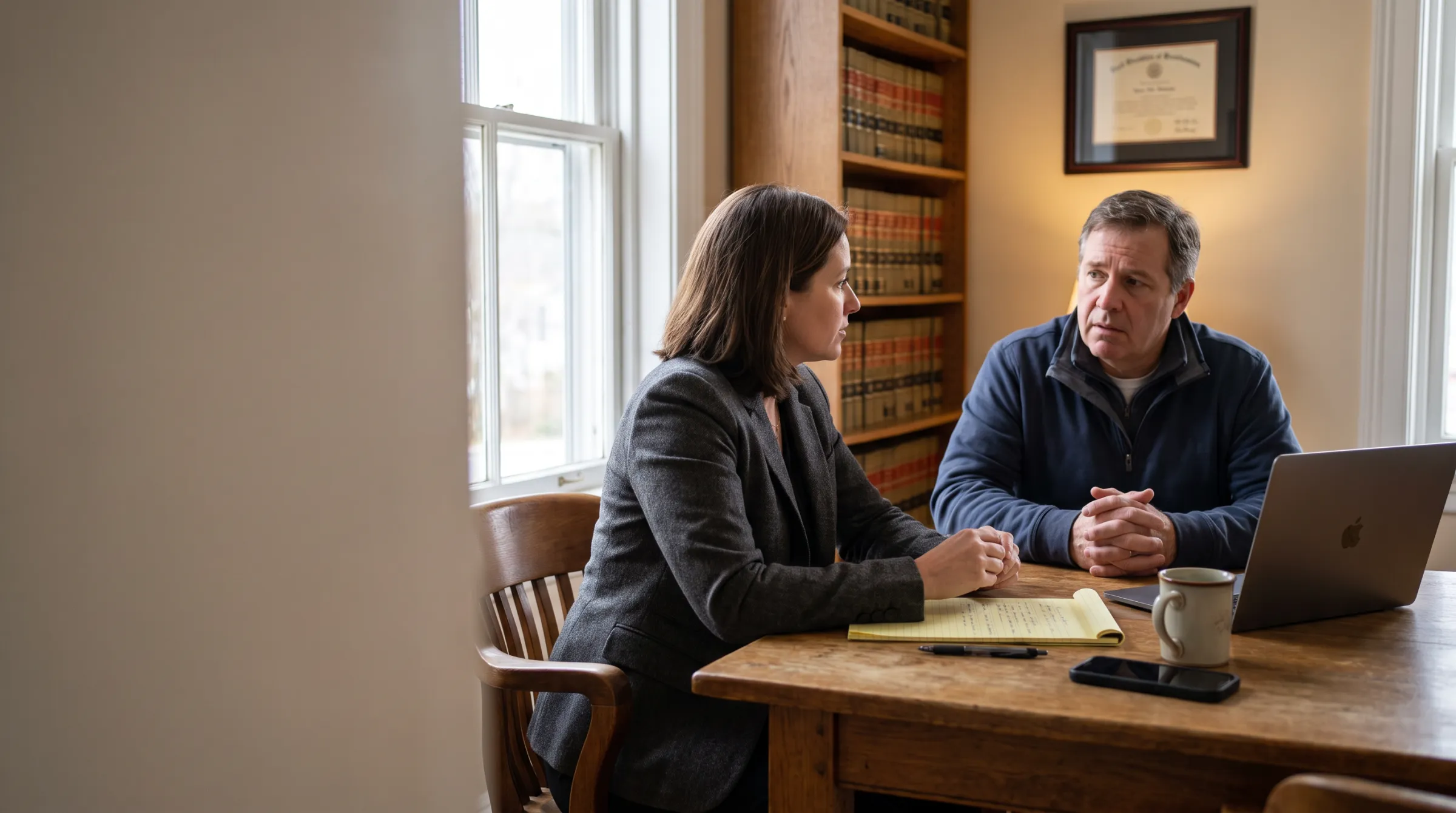 An attorney listening to a worried client across an oak table, a MacBook open and an iPhone face down beside them