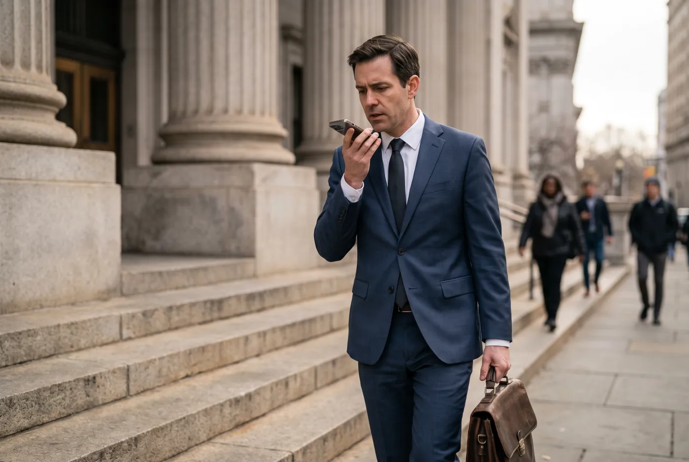 An attorney walking down courthouse steps, speaking a memo into his iPhone