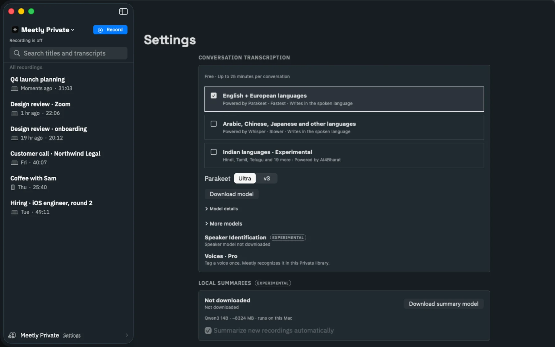 Meetly transcription settings: European, Whisper and Indian language models