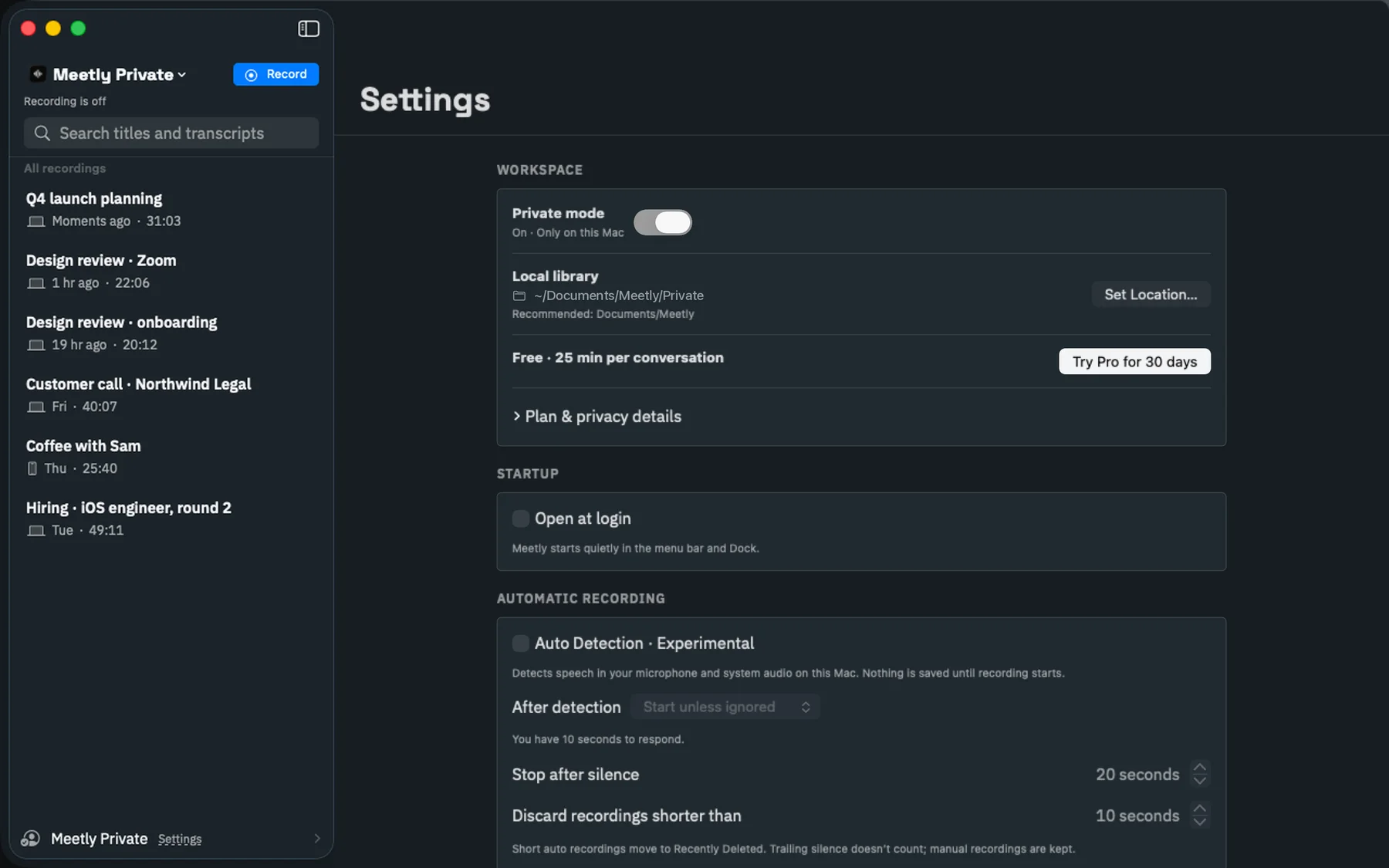 Auto Detection settings: nothing is saved until recording starts