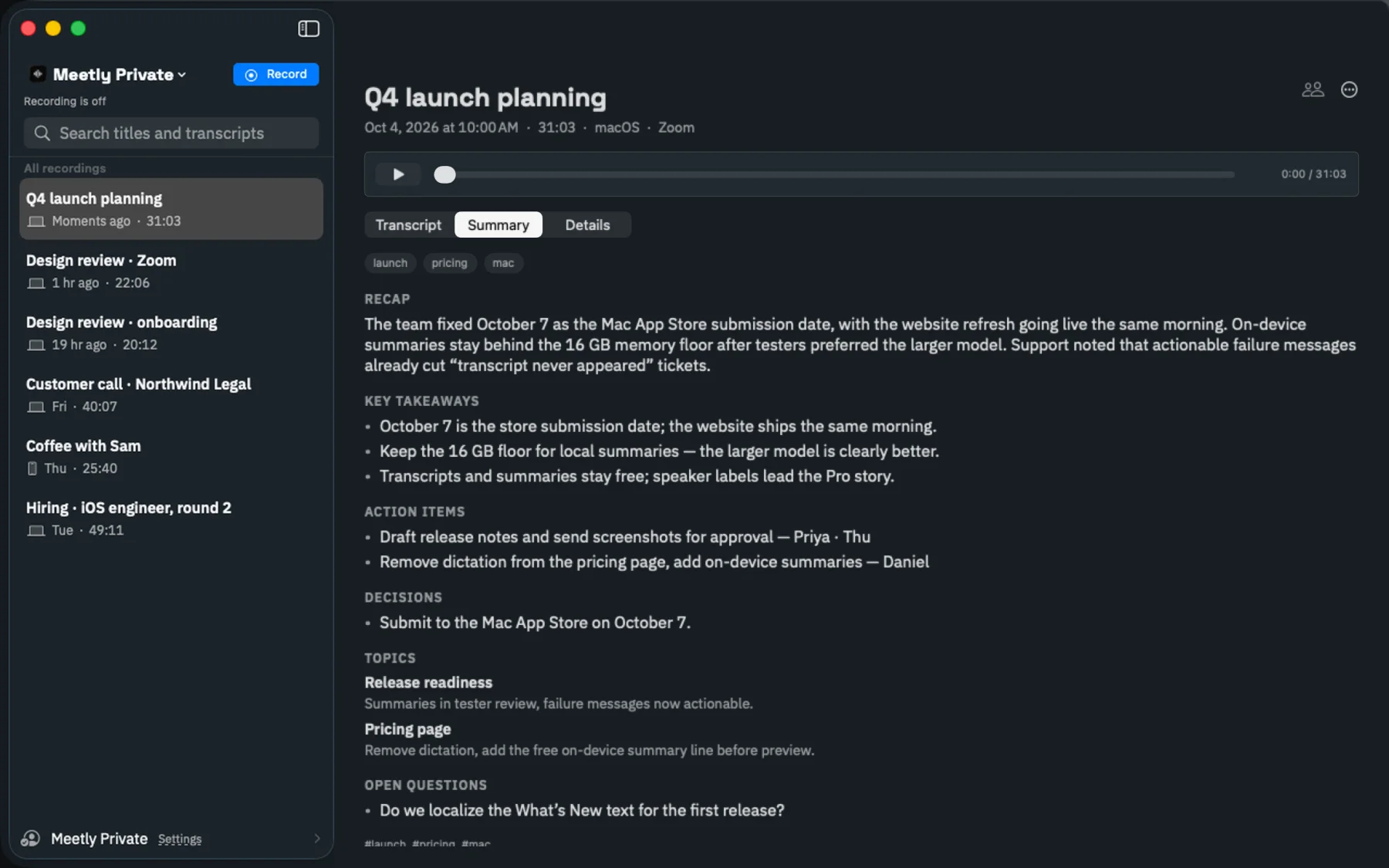 An on-device summary with recap, takeaways, action items and decisions