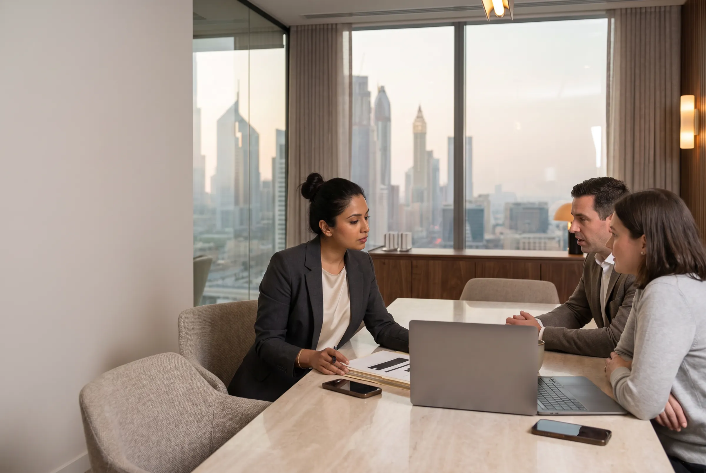A bid manager in a confidential negotiation above Dubai, her laptop open on the table