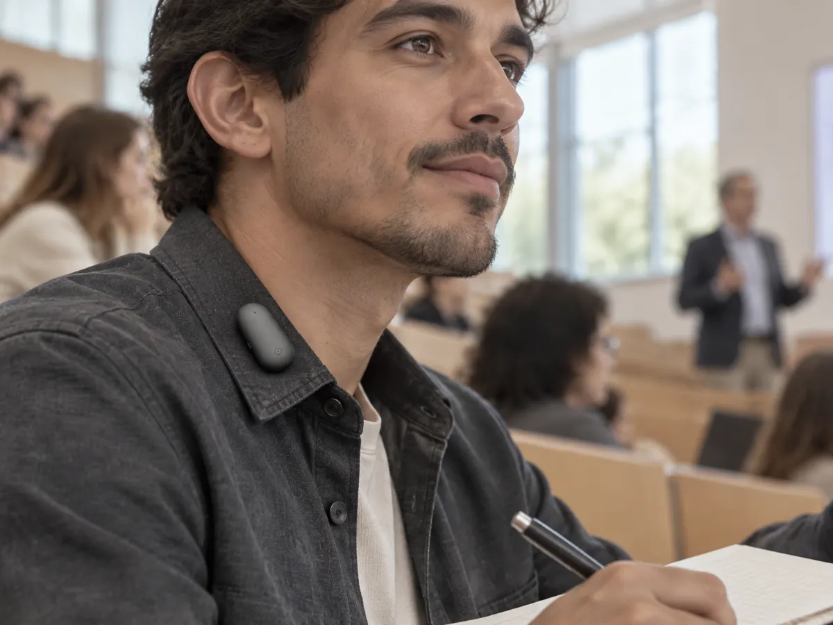 A student in a lecture hall listens with a notebook, Meetly Capsule held by its magnet on his shirt collar.
