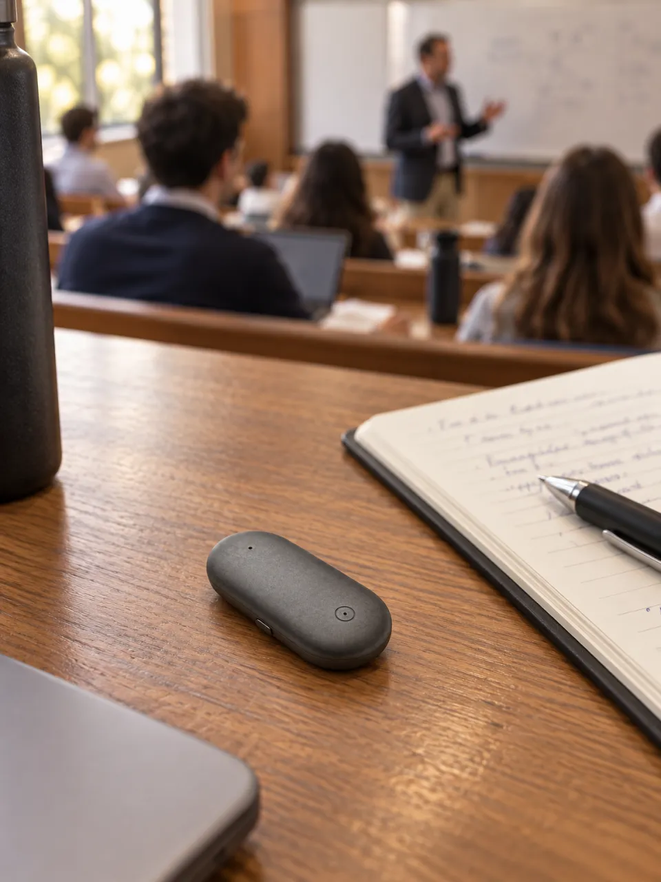 Meetly Capsule lies on a classroom desk beside an open notebook while a professor teaches at the whiteboard.