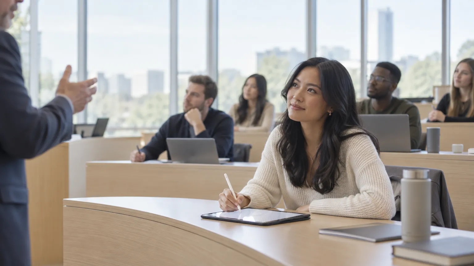 An MBA student in a bright case-discussion classroom writes with Apple Pencil on an iPad lying on her desk, glancing up at the professor.