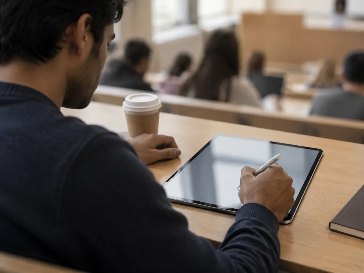 Over a student’s shoulder: he writes with Apple Pencil on an iPad lying on a lecture-hall desk, a coffee beside it.
