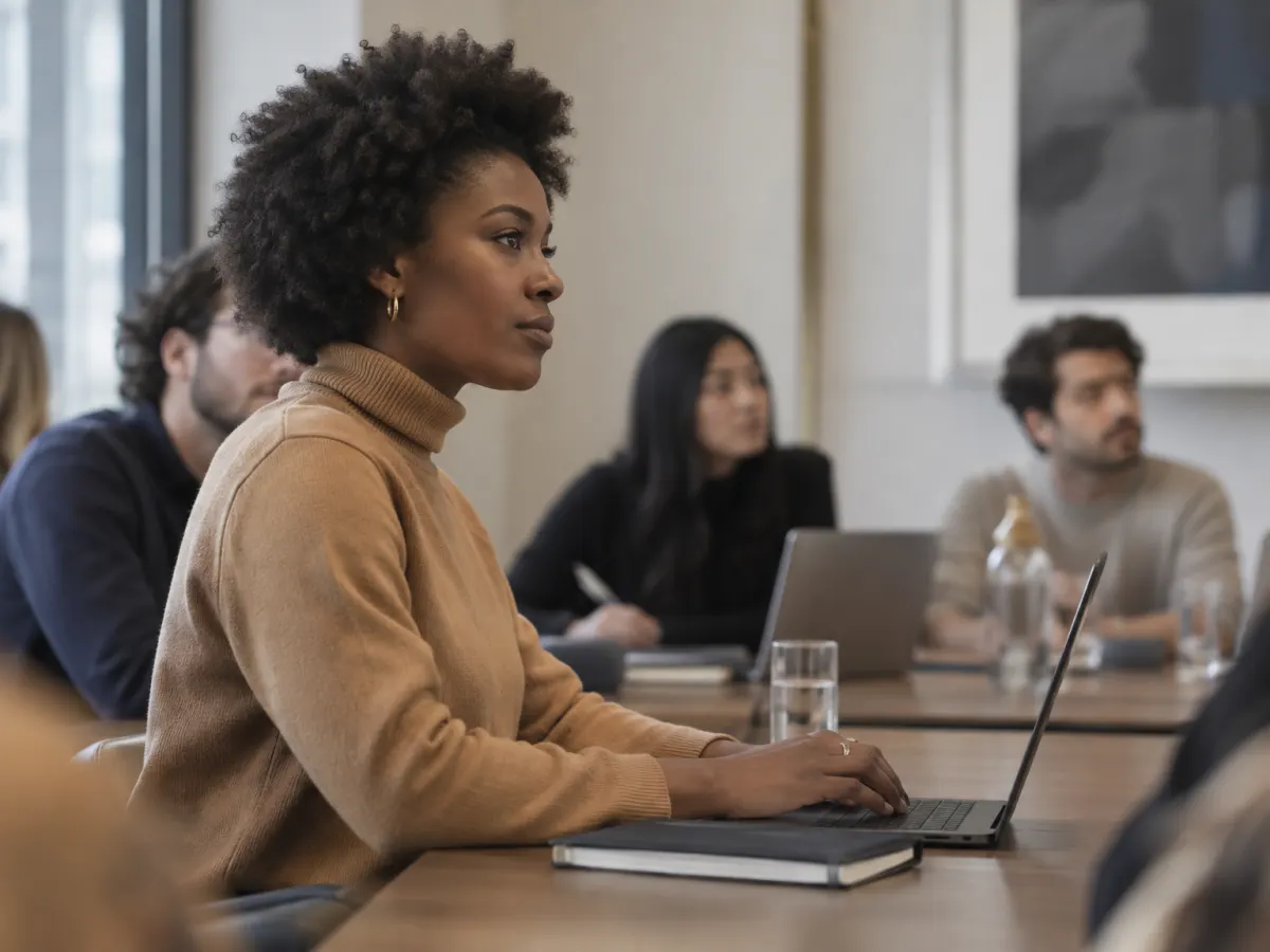 A student in a seminar types on a MacBook, seen from the side, while she listens to the discussion.