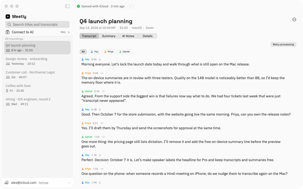 Meetly for Mac library with a transcript and speaker labels