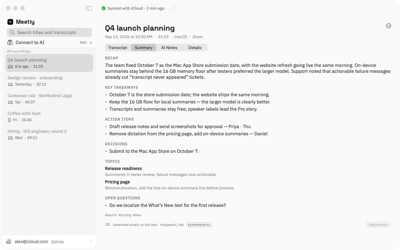 Meetly on-device transcript and summary on Mac