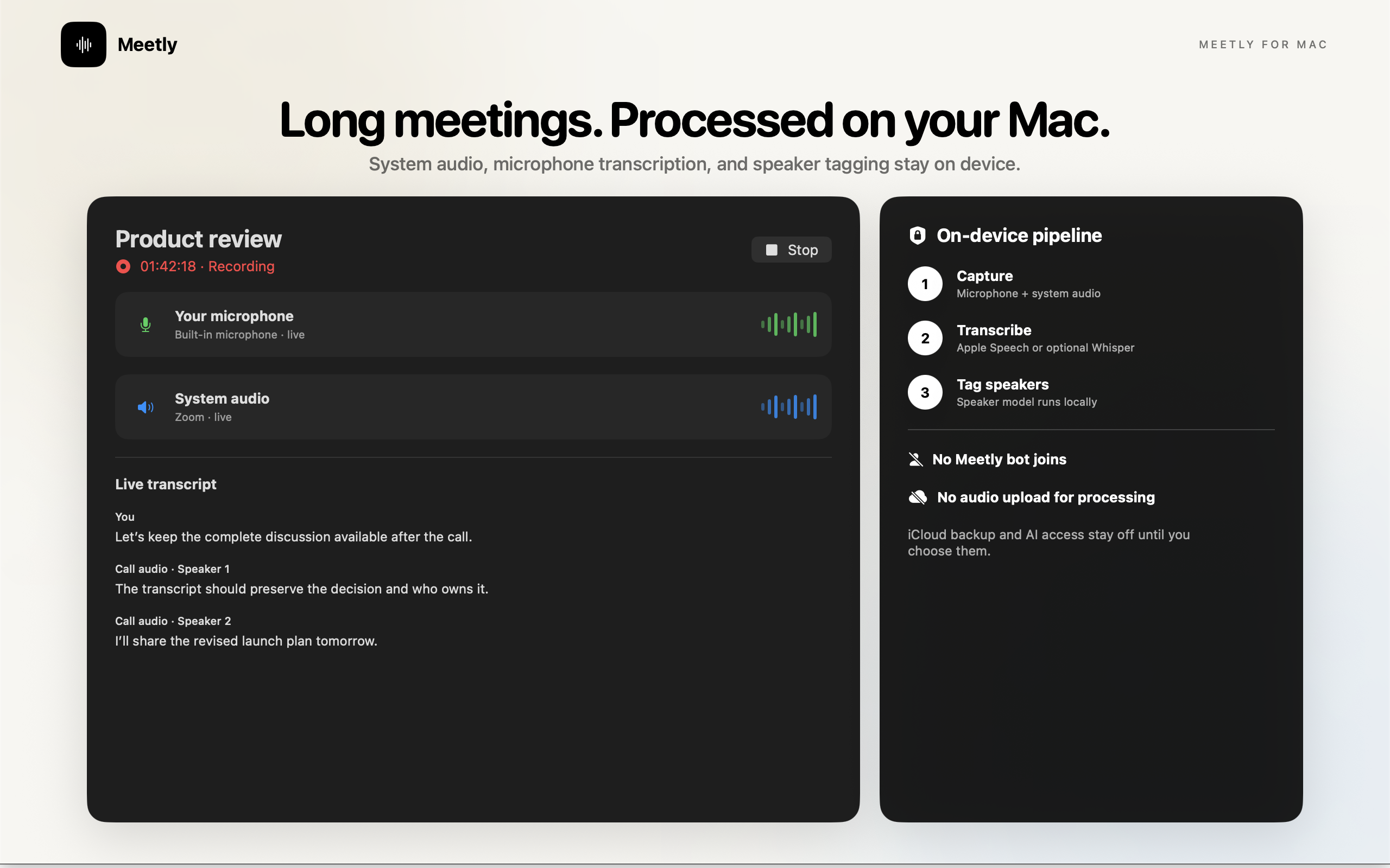 Meetly on-device recording, transcription, and speaker tagging
