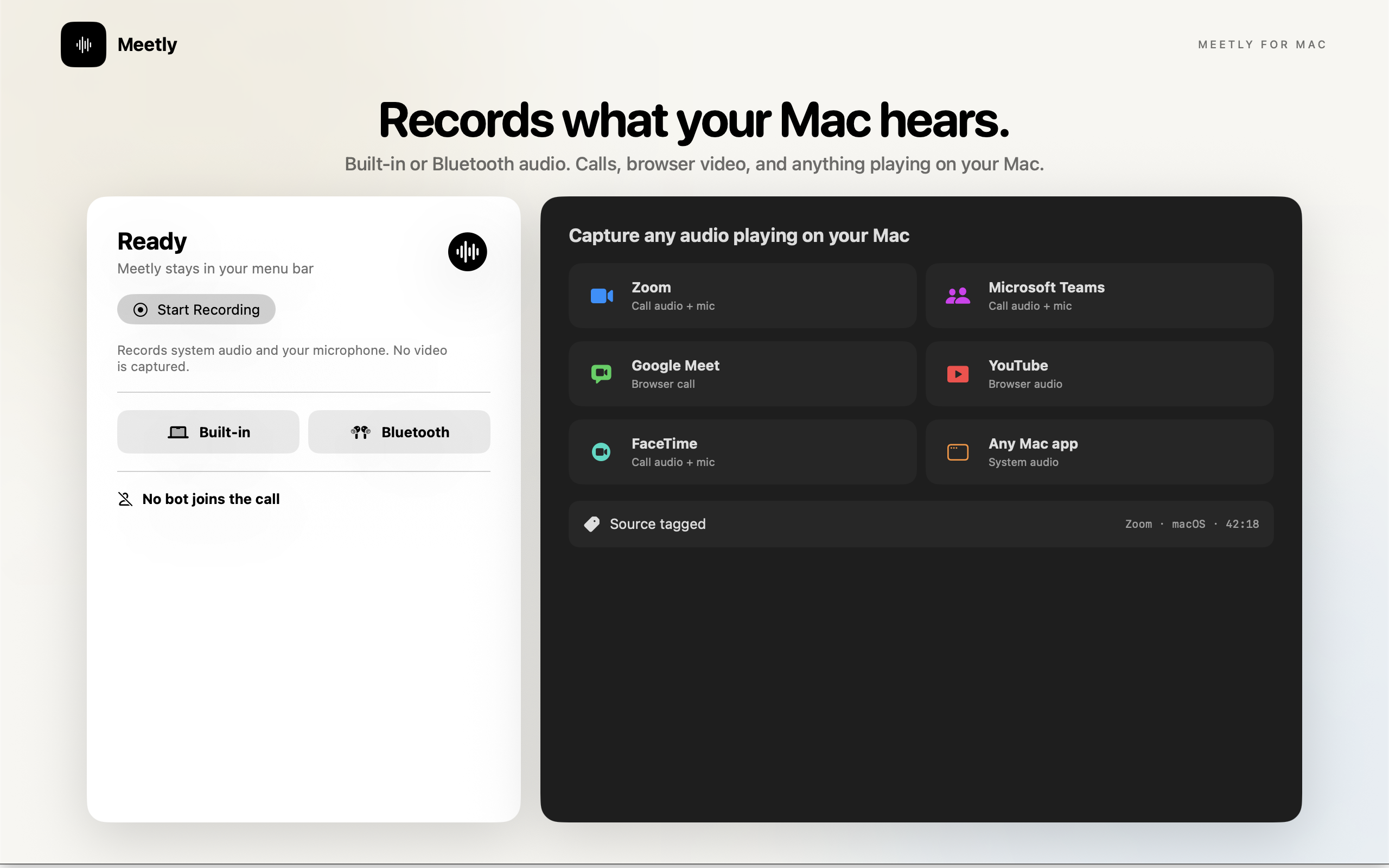 Meetly recording supported calls and browser audio on Mac